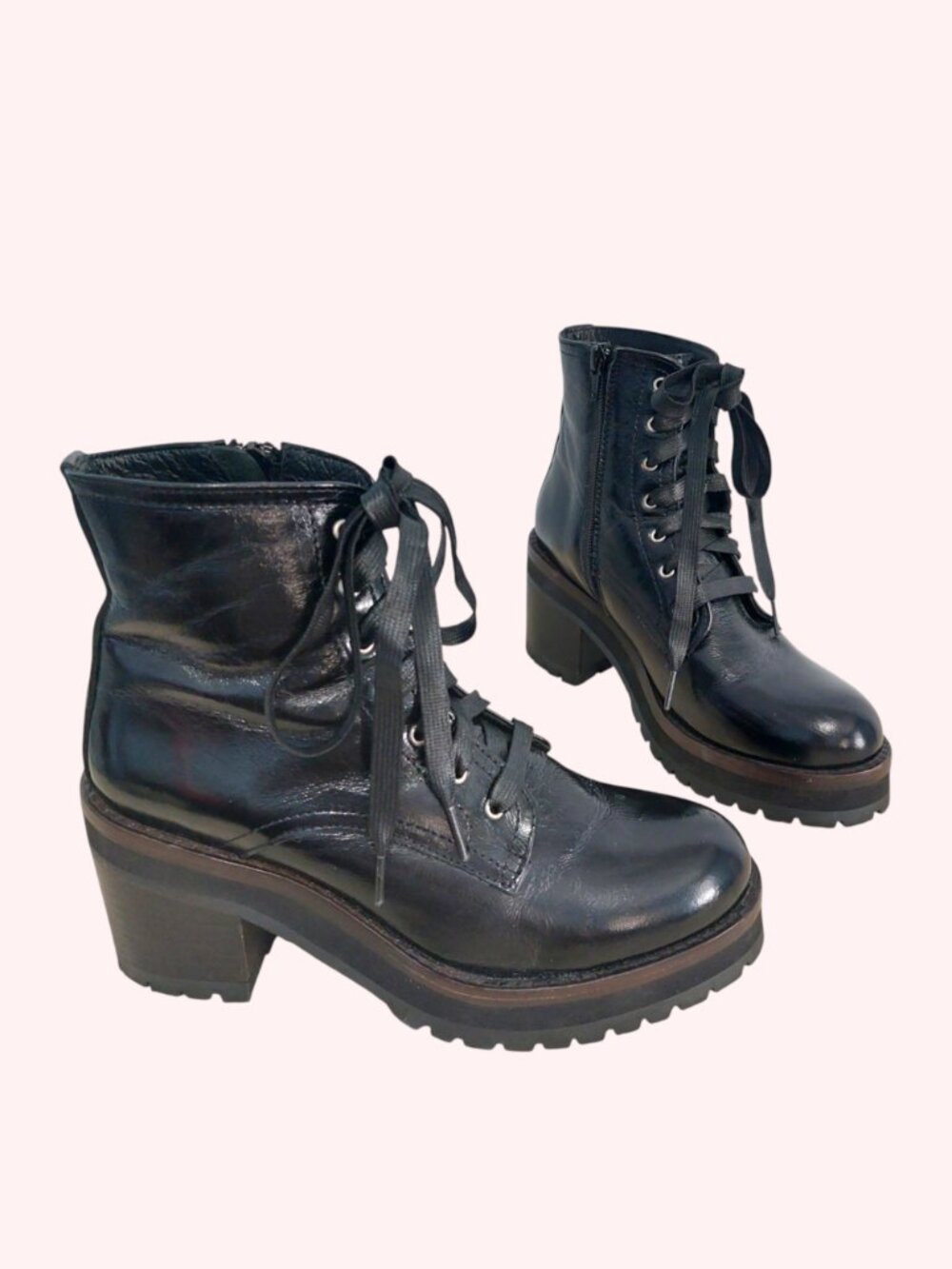 Steve Madden KERRY Platform Boots 8.5 Black Shiny Ankle Leather Laces Y2K New